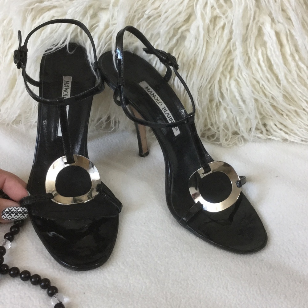 Manolo Blahnik black leather strap sandal heels